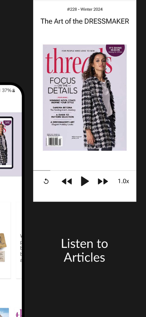 Audio playback interface for listening to sewing articles in the Threads Magazine app