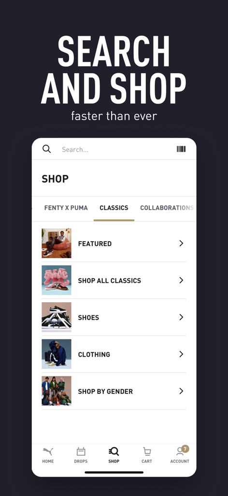PUMA | Clothes & Sneakers App - Schermata del negozio dell'app PUMA con categorie per scarpe e abbigliamento