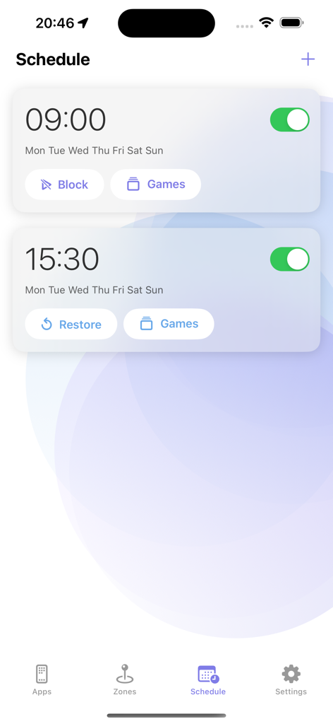 A mobile screen showing the Cape app schedule interface with options to block and restore games at specific times.