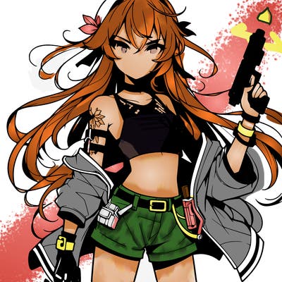 bad girl wearing crop top holding a gun long hair anime