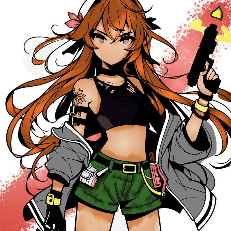 bad girl wearing crop top holding a gun long hair anime