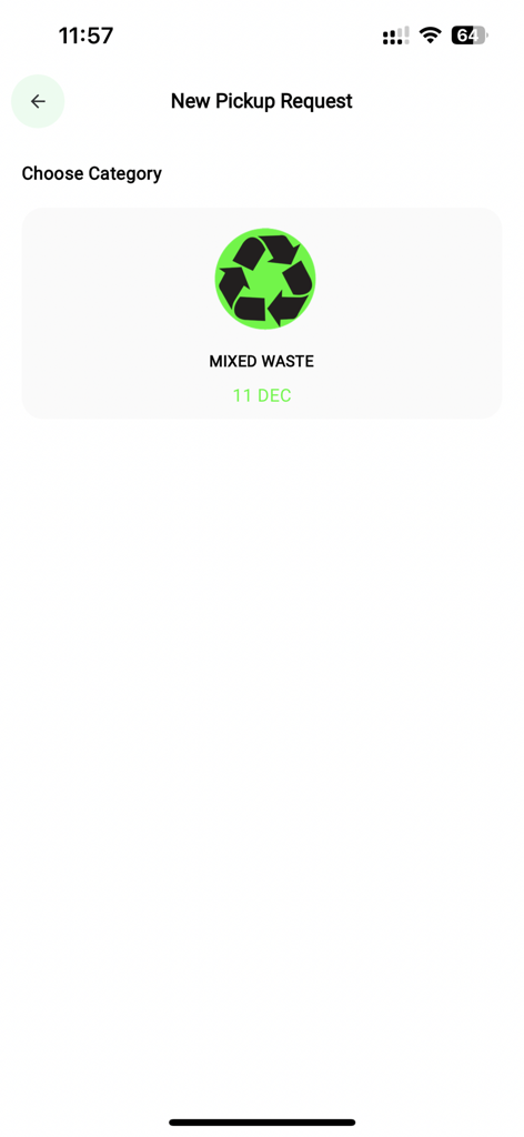 Interfaccia dell'app Just Go Zero che mostra una richiesta di nuovo ritiro per rifiuti misti.