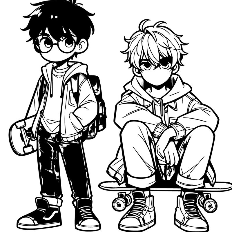2 teen anime boys, one with glasses and the other is taller and holding a skateboard