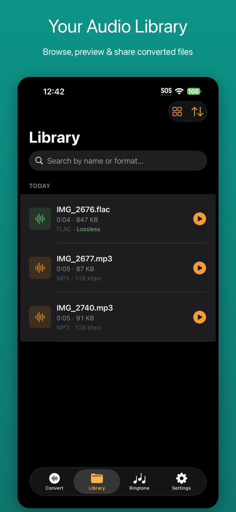 LudyVAC - Video to Audio - L'écran de la bibliothèque audio de LudyVAC affichant les fichiers MP3 et FLAC sans perte convertis.