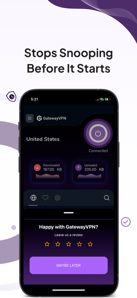 GatewayVPN - GatewayVPNアプリのダッシュボード。米国のサーバーへの安全な接続とデータ使用状況の統計が表示されています。