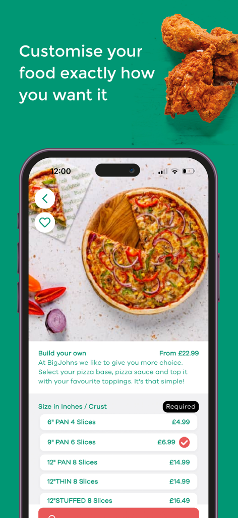 Big Johns - Big Johns mobile app screen showing options to customize a build your own pizza