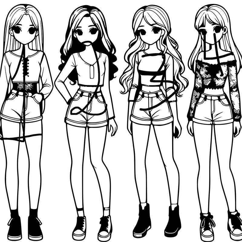 group of 4 realistic girls full body