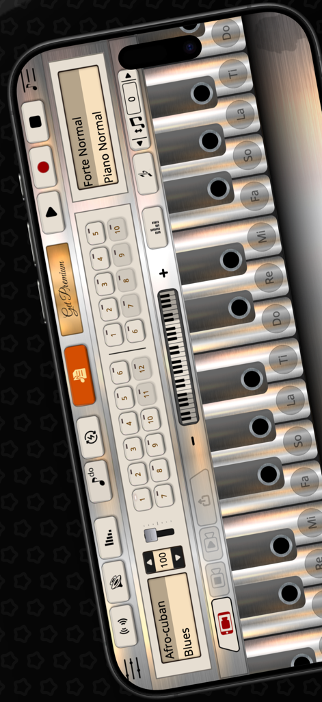 Flute Sim - Interfaz de la aplicación Flute Sim con una flauta virtual con notas musicales y controles de sonido.