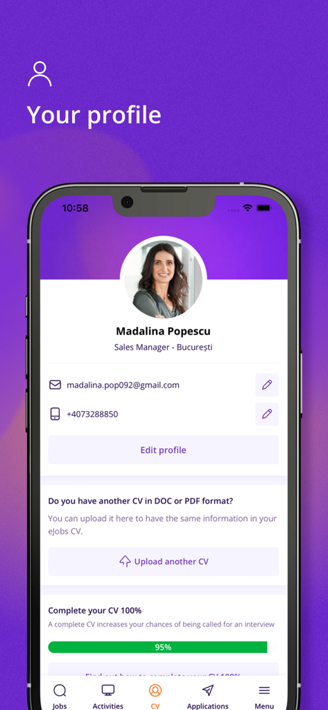 User profile screen in eJobs app showing contact details CV upload option and a 95 percent profile completion bar