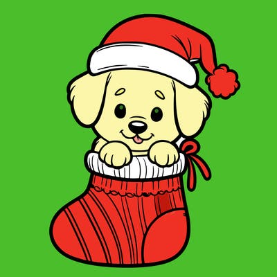 cute puppy wearing santa hat in socking