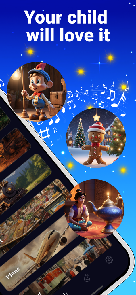 Baby Sleep Stories: Lullabies - Interfaccia dell'app Baby Sleep Stories con personaggi di fiabe e note musicali