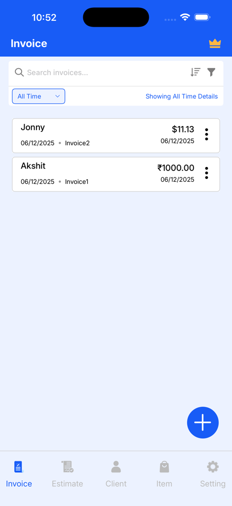 Instant Invoice Generator - A list of generated invoices showing client names and payment amounts in the app interface.