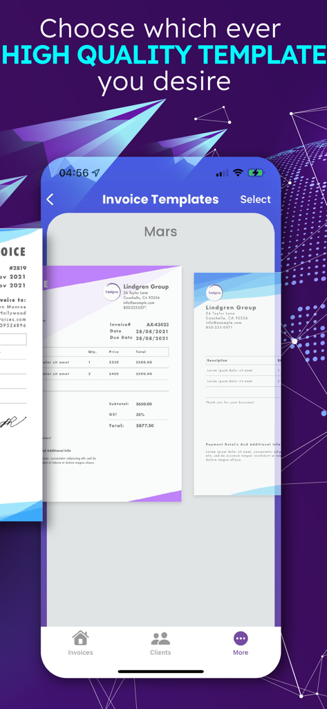 Invoice Maker + Estimate App - A mobile interface displaying several professional invoice templates for small businesses.