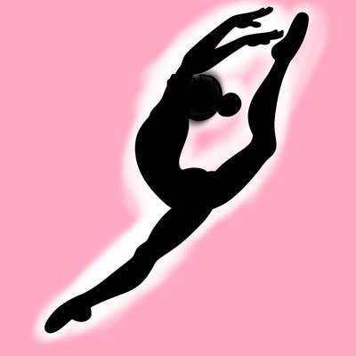gymnast doing a leap in a leotard with a bent back leg