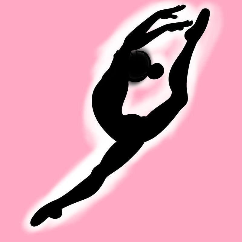 gymnast doing a leap in a leotard with a bent back leg
