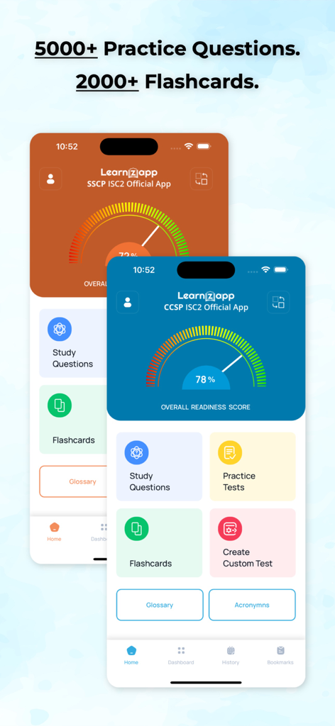 ISC2 official app dashboard showing exam readiness scores for SSCP and CCSP certifications with links to practice questions and flashcards.