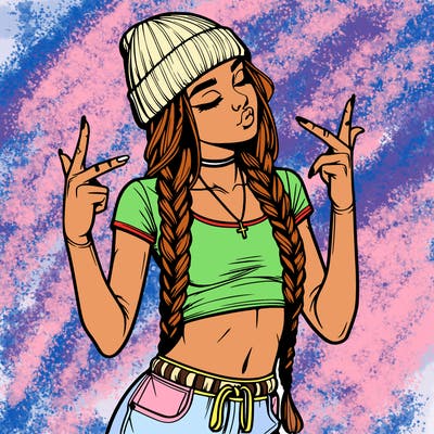 realistic teenage girl with braids and a beanie and crop top doing 🫶🏼