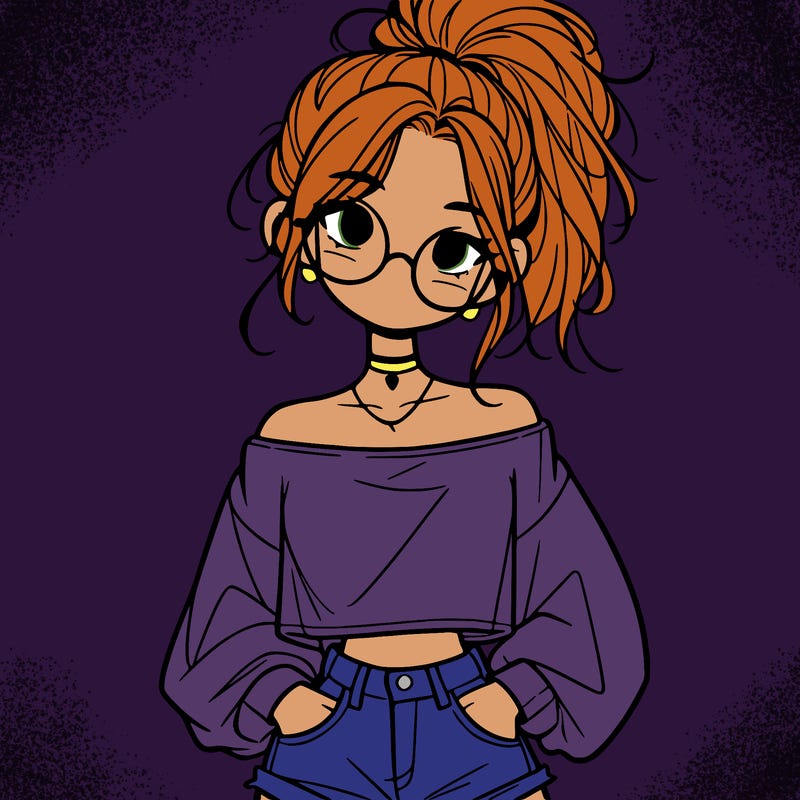 girl with a messy ponytail glasses a baggy crop top and jean shorts