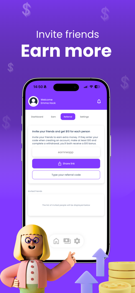 Earnne: Surveys for money - Earnne app referral interface showing an invite friends and earn more $10 rewards program with a 3D character mascot.