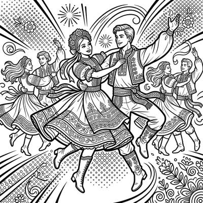 Immerse yourself in the lively world of folk dance, reimagined with a dynamic Pop Art twist. This captivating coloring page brings cultural traditions to life with bold lines and a modern artistic flair, perfect for creative expression.