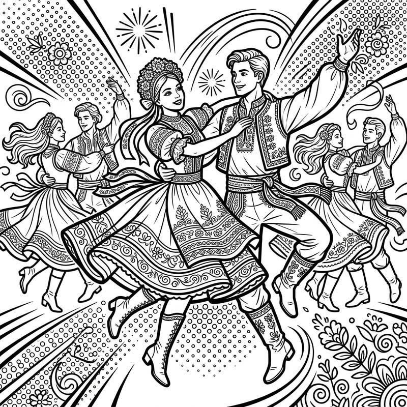Immerse yourself in the lively world of folk dance, reimagined with a dynamic Pop Art twist. This captivating coloring page brings cultural traditions to life with bold lines and a modern artistic flair, perfect for creative expression.