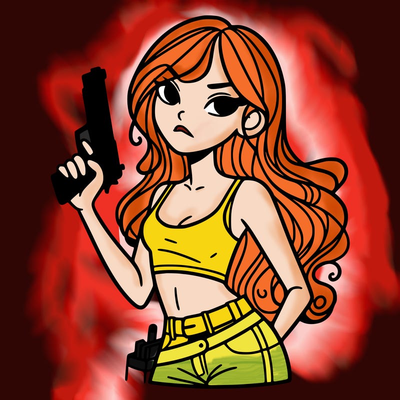 bad girl wearing crop top holding a gun long hair