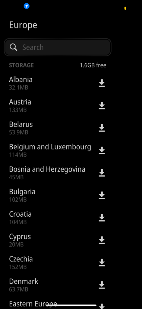 DAF Truck Navigation - List of European countries available for offline map download in the DAF Truck Navigation app