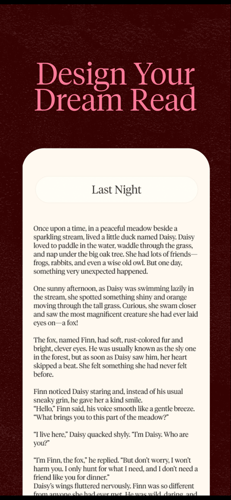 FanFiction AI - Spicy Stories - Una pantalla de móvil que muestra la interfaz de la aplicación FanFiction AI con el titular Diseña la lectura de tus sueños y una historia de ejemplo titulada Anoche.