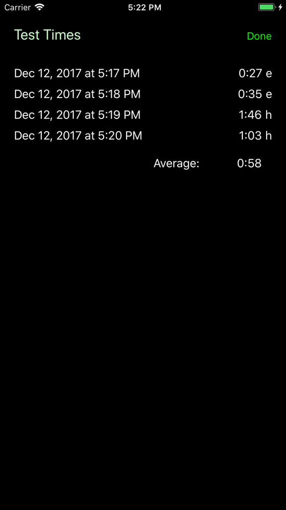Uma lista de tempos de conclusão de testes e acompanhamento de desempenho médio no aplicativo Navegador Treinamento de Instrumentos