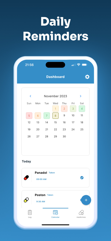 Pill Reminder l Med Tracker - Panel de la aplicación Recordatorio de pastillas que muestra un calendario y el estado de seguimiento de la medicación para el día