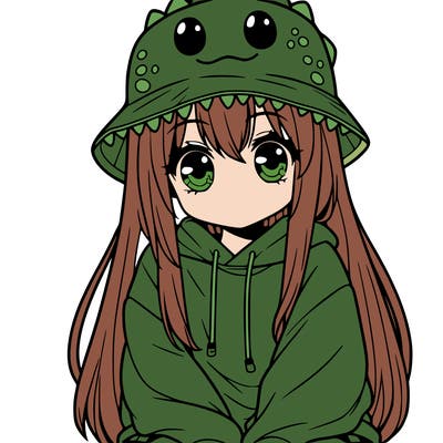 girl with anime shaped eyes with a dinosaur bucket hat oversized sweatshirt long straight hair