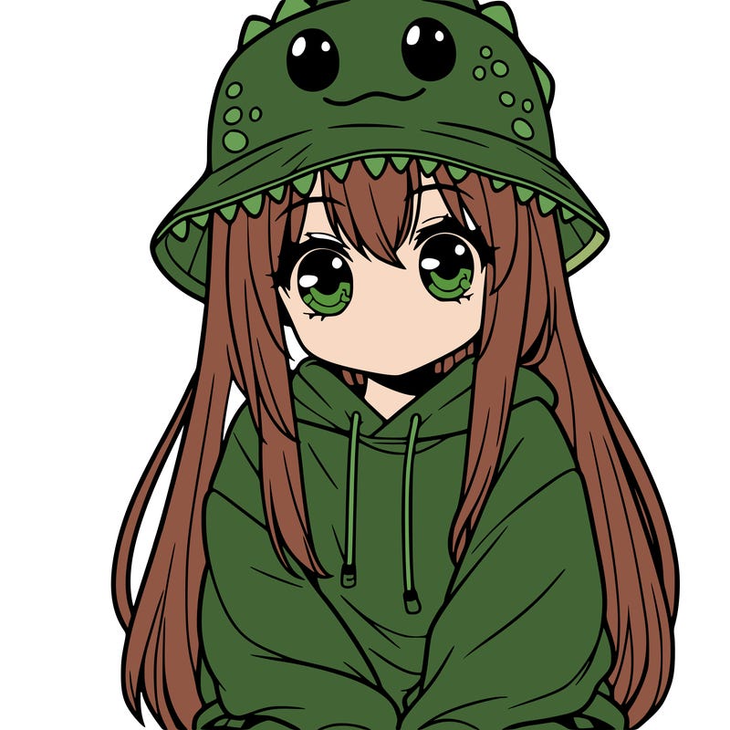 girl with anime shaped eyes with a dinosaur bucket hat oversized sweatshirt long straight hair