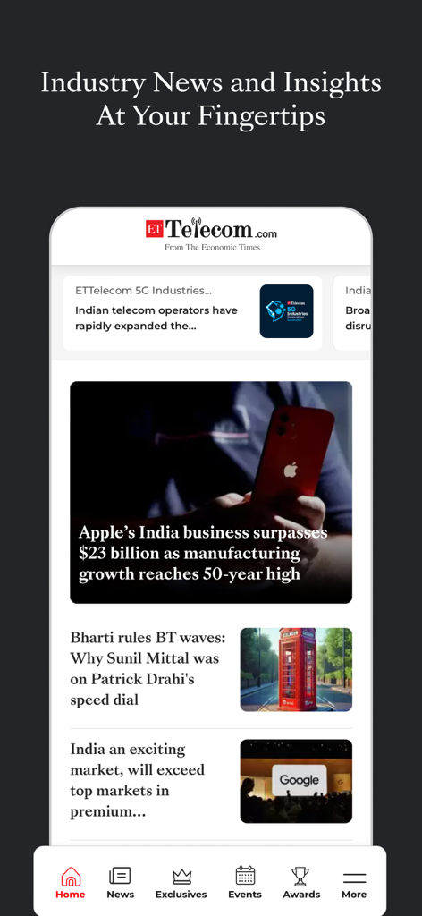 Pantalla de inicio de la aplicación ETTelecom que muestra noticias de la industria de las telecomunicaciones e información del mercado global.