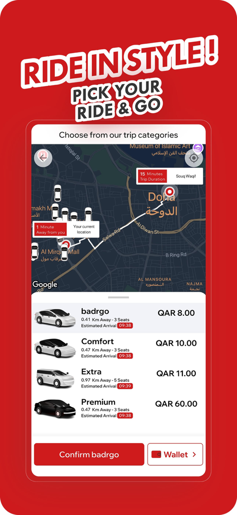 badrgo - Your way to go - La interfaz de la aplicación badrgo que muestra categorías de viajes que incluyen economía, confort y premium con precios