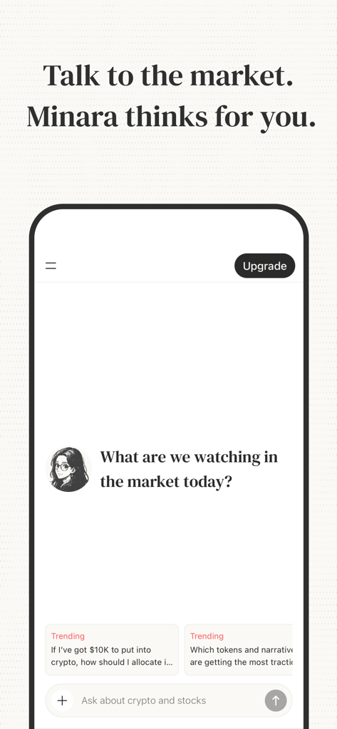 Minara AI chat interface showing a user asking about market trends for crypto and stocks