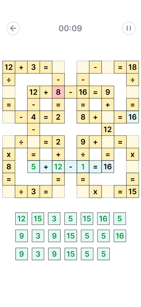 Sudoku Puzzle - Brain Games - Pantalla dentro del juego mostrando un puzzle de lógica matemática con ecuaciones aritméticas entrelazadas y fichas numéricas