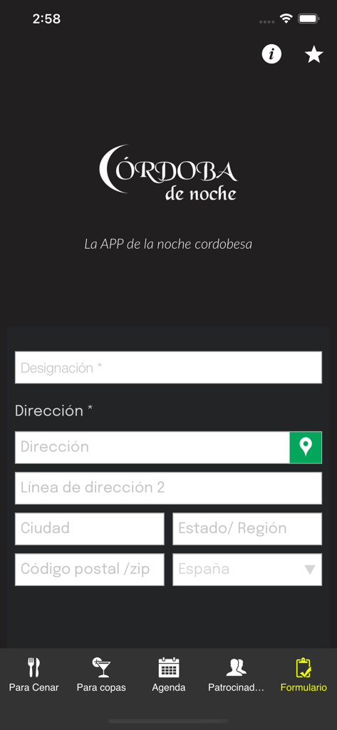 Córdoba de Noche - Registration form screen in the Cordoba de Noche app with address fields and local nightlife navigation menu
