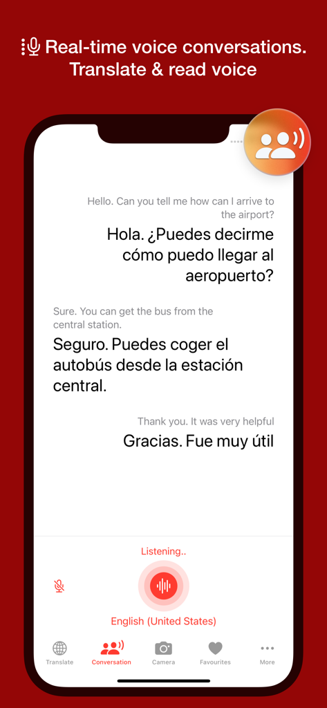 Pantalla de conversación por voz en tiempo real que muestra traducción del inglés al español para viajar