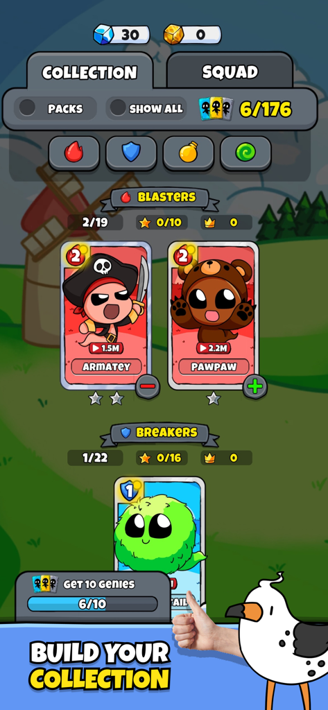 Christophers Genie - A collection screen in the Christophers Genie app showing character cards for Armatey and Pawpaw under the Blasters category