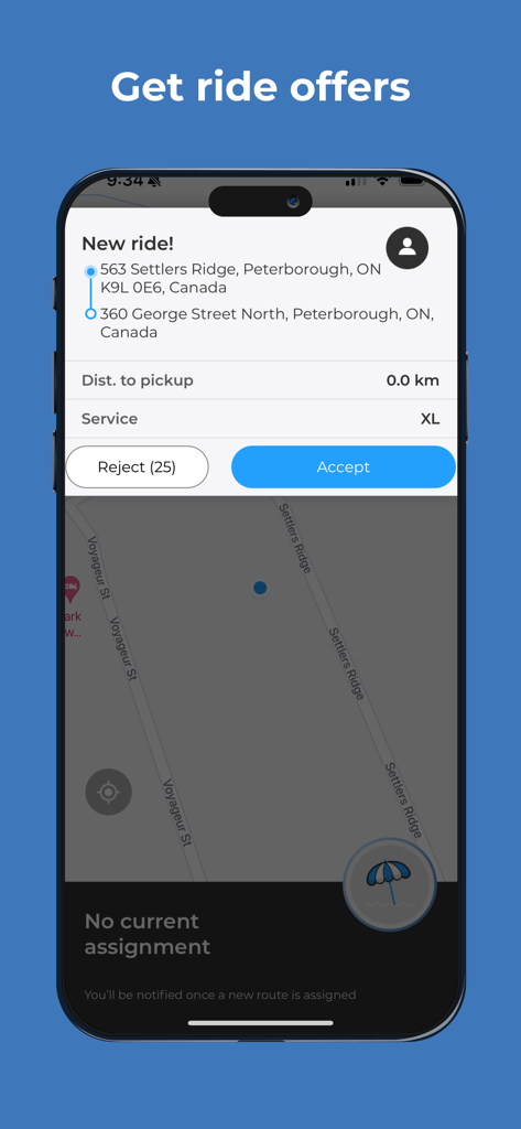 Y-DrivER app screen showing a new ride offer with pickup details and accept button