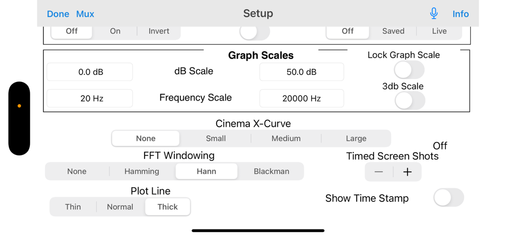 SoundScope VR - Setup screen of SoundScope VR app featuring graph scales, FFT windowing, and audio analysis configuration settings.