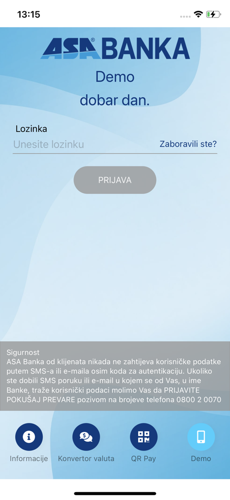 Écran de connexion de l'application mobile ASA Banka avec texte en bosnien et icônes de navigation