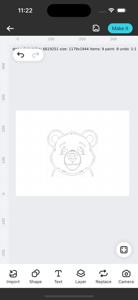 Falcon Design Space mobile app interface showing a bear design on a grid canvas for laser engraving