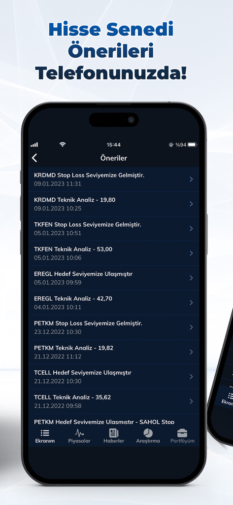 İnfoTrade Pro - Aplicación móvil InfoTrade Pro que muestra una lista de recomendaciones y alertas del mercado de valores turco.