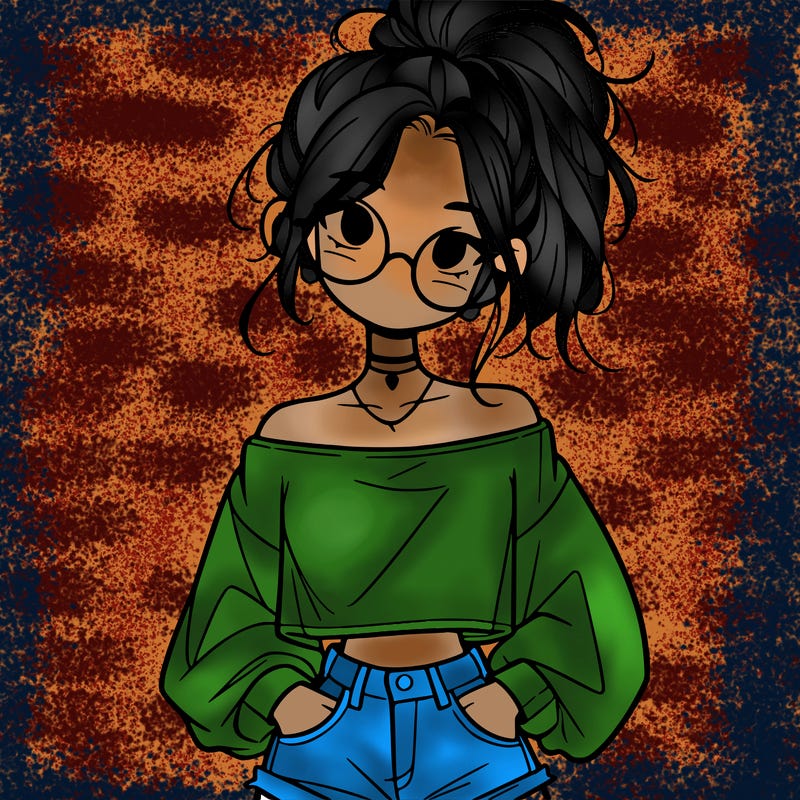 girl with a messy ponytail glasses a baggy crop top and jean shorts