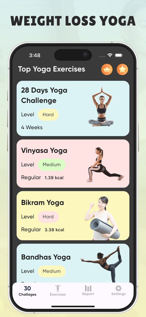 Yoga for Beginner Weight Loss - App interface showing top yoga exercises and weight loss challenges