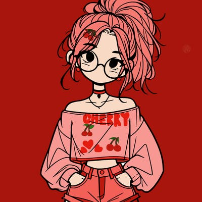 girl with a messy ponytail glasses a baggy crop top and jean shorts