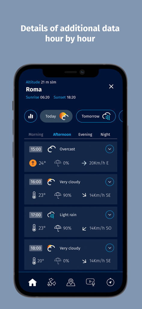 Meteo Aeronautica app interface showing detailed hourly weather forecast for Roma