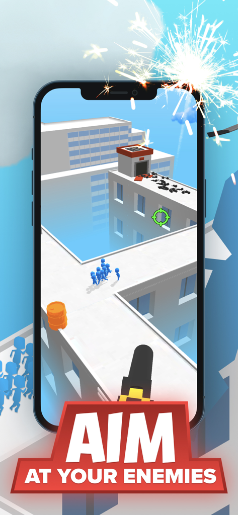 Gameplay screenshot of Z Escape showing a first-person shooter view aiming at a crowd of zombies on a rooftop to protect blue survivors.