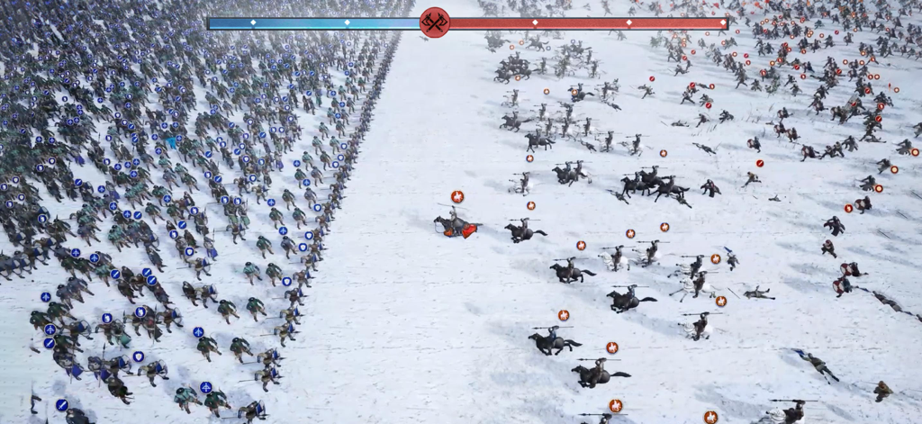 Frost & Flame: King of Avalon - A large scale battle between two medieval armies on a snowy field in the game Frost and Flame King of Avalon
